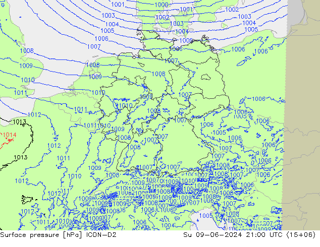 Surface pressure ICON-D2 Su 09.06.2024 21 UTC