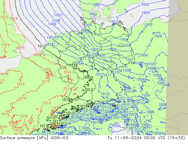 Presión superficial ICON-D2 mar 11.06.2024 00 UTC