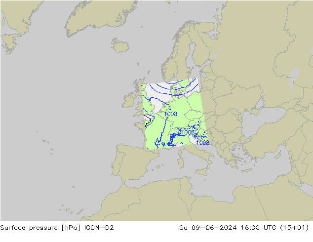 Luchtdruk (Grond) ICON-D2 zo 09.06.2024 16 UTC
