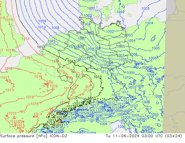 地面气压 ICON-D2 星期二 11.06.2024 03 UTC