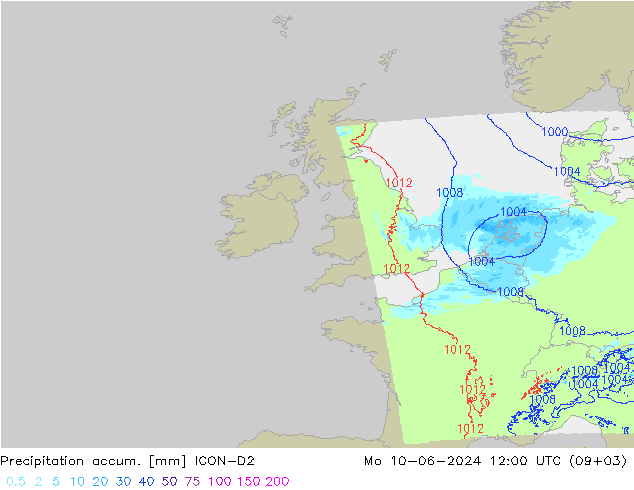 Precipitation accum. ICON-D2 Seg 10.06.2024 12 UTC
