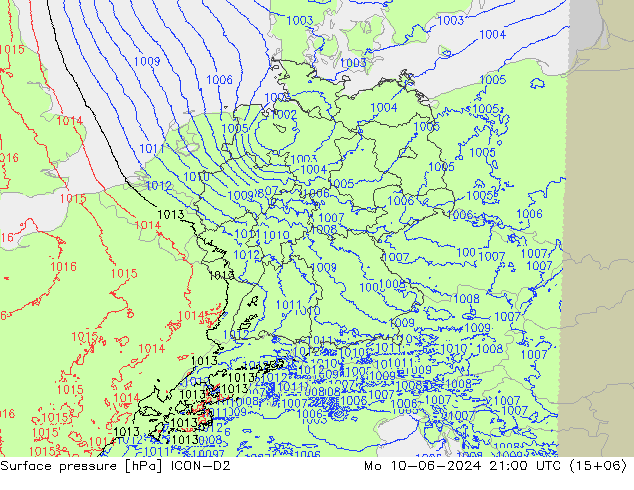 地面气压 ICON-D2 星期一 10.06.2024 21 UTC