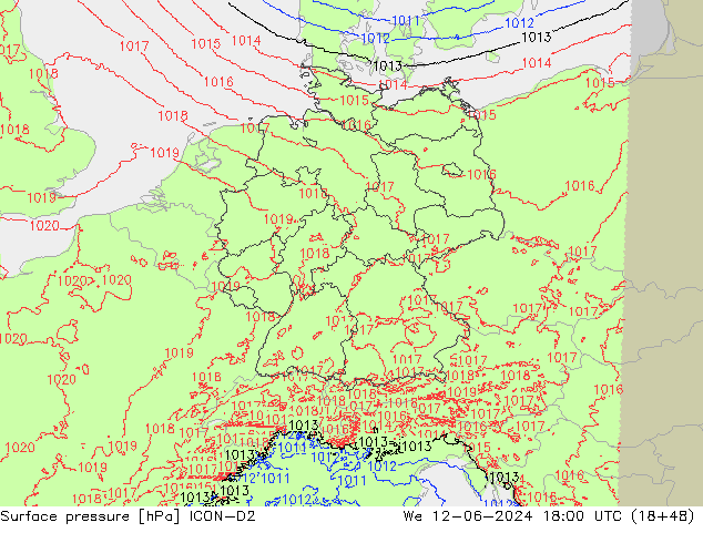 Atmosférický tlak ICON-D2 St 12.06.2024 18 UTC