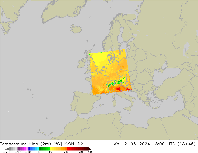 Nejvyšší teplota (2m) ICON-D2 St 12.06.2024 18 UTC