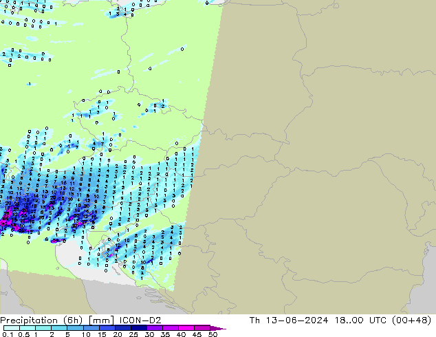 Precipitation (6h) ICON-D2 Th 13.06.2024 00 UTC