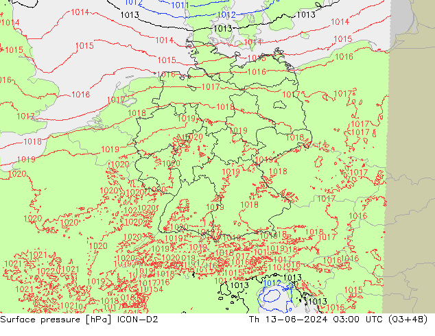 Atmosférický tlak ICON-D2 Čt 13.06.2024 03 UTC
