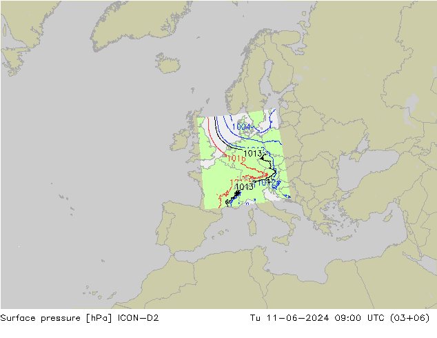 Presión superficial ICON-D2 mar 11.06.2024 09 UTC