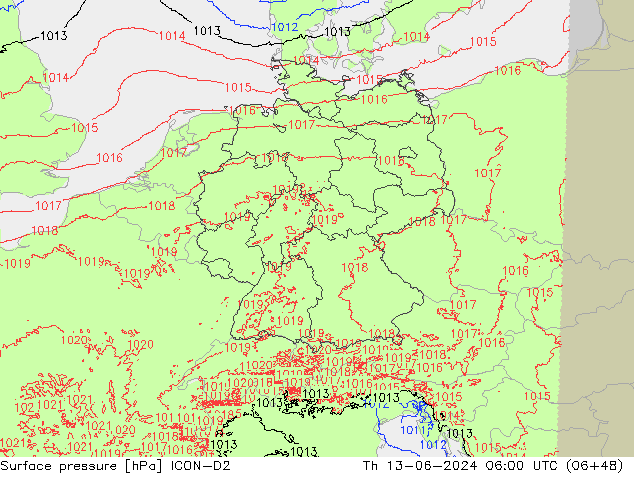 Atmosférický tlak ICON-D2 Čt 13.06.2024 06 UTC