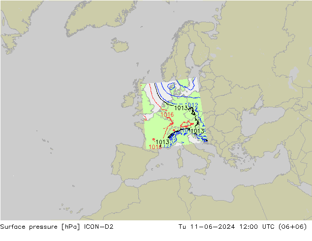 地面气压 ICON-D2 星期二 11.06.2024 12 UTC