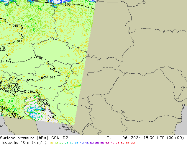 Isotachs (kph) ICON-D2 Tu 11.06.2024 18 UTC