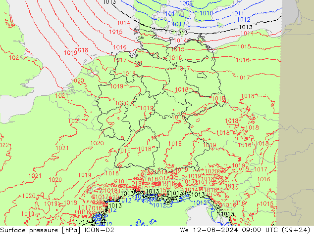 地面气压 ICON-D2 星期三 12.06.2024 09 UTC