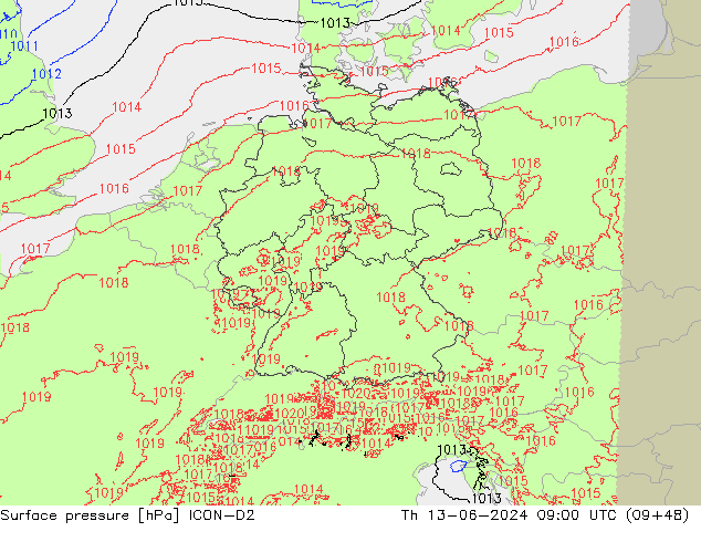 地面气压 ICON-D2 星期四 13.06.2024 09 UTC