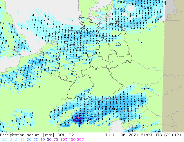 Precipitation accum. ICON-D2 Tu 11.06.2024 21 UTC
