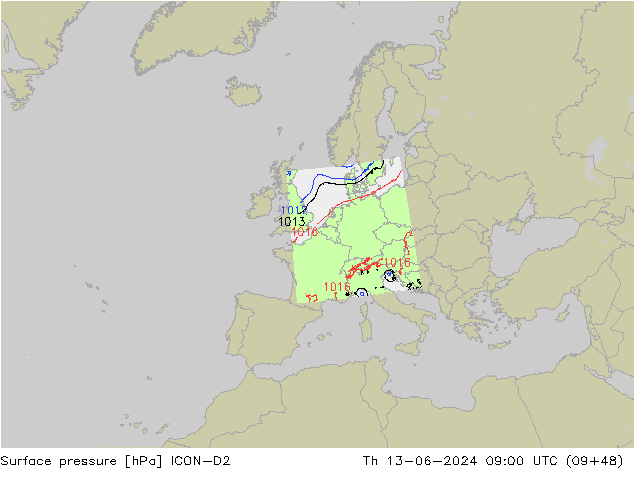 приземное давление ICON-D2 чт 13.06.2024 09 UTC
