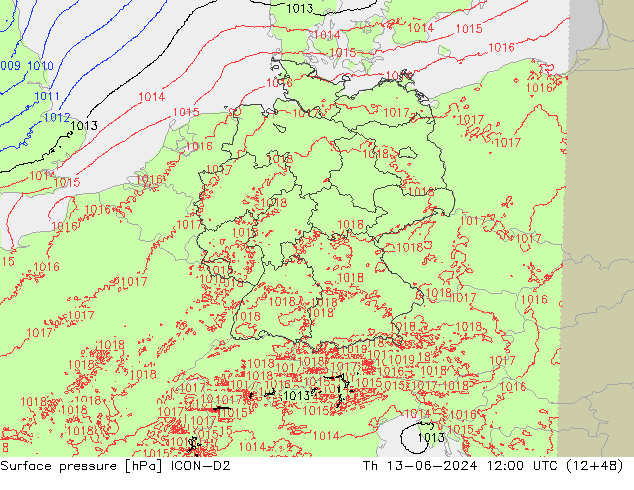 Atmosférický tlak ICON-D2 Čt 13.06.2024 12 UTC