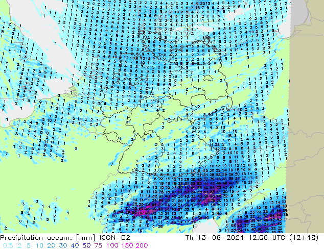 Precipitation accum. ICON-D2 Th 13.06.2024 12 UTC