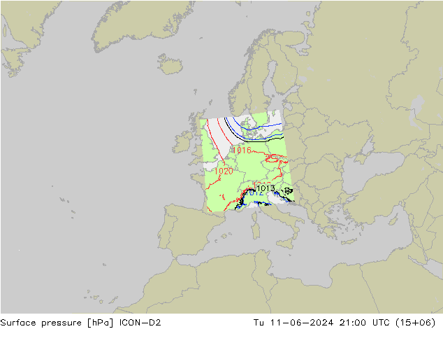 地面气压 ICON-D2 星期二 11.06.2024 21 UTC