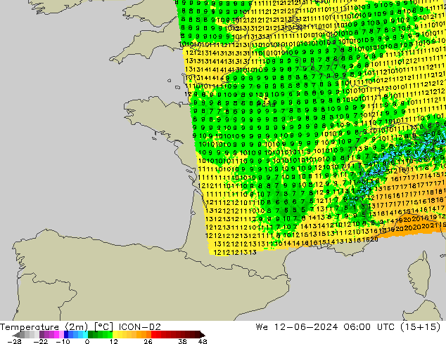 Temperature (2m) ICON-D2 We 12.06.2024 06 UTC