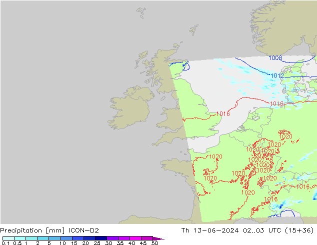 Srážky ICON-D2 Čt 13.06.2024 03 UTC