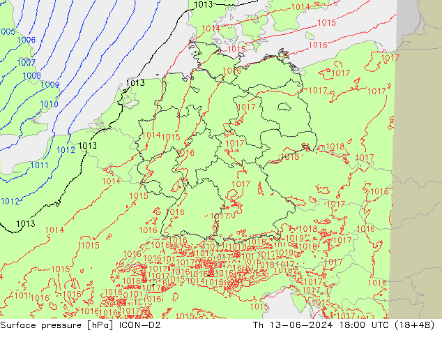 Luchtdruk (Grond) ICON-D2 do 13.06.2024 18 UTC