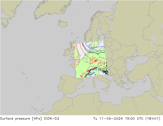 地面气压 ICON-D2 星期二 11.06.2024 19 UTC
