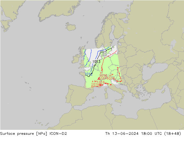 pression de l'air ICON-D2 jeu 13.06.2024 18 UTC