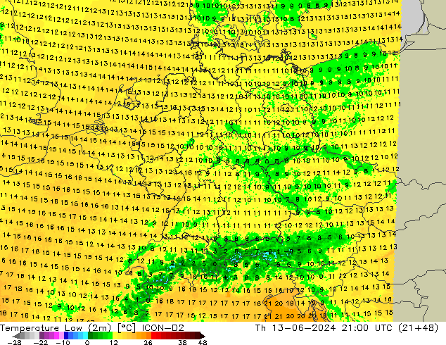 Temperature Low (2m) ICON-D2 Th 13.06.2024 21 UTC