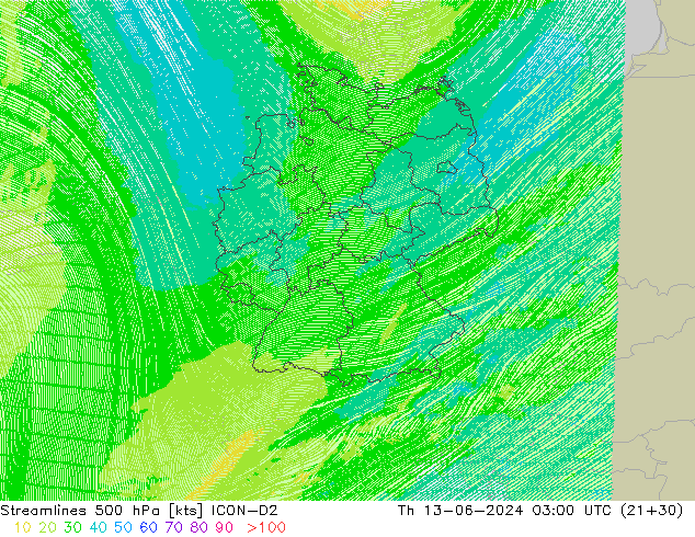 Ligne de courant 500 hPa ICON-D2 jeu 13.06.2024 03 UTC