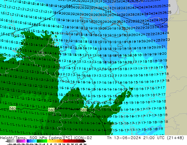 Height/Temp. 500 hPa ICON-D2 Th 13.06.2024 21 UTC