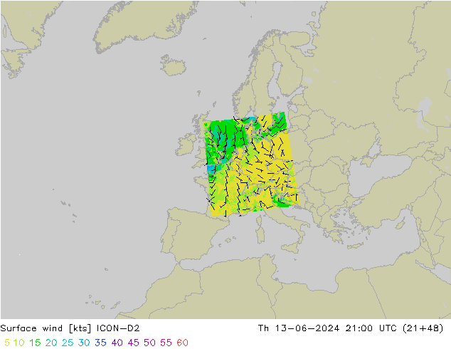 Bodenwind ICON-D2 Do 13.06.2024 21 UTC