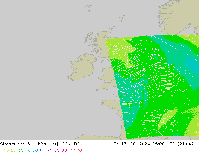 Streamlines 500 hPa ICON-D2 Th 13.06.2024 15 UTC