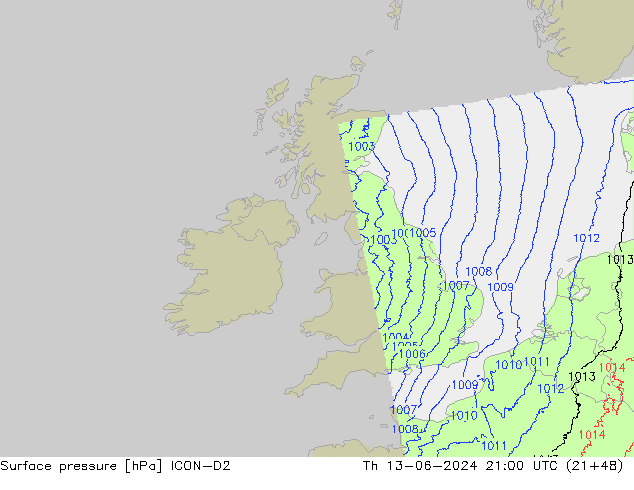 Atmosférický tlak ICON-D2 Čt 13.06.2024 21 UTC