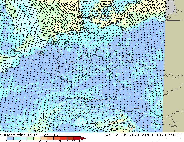 Viento 10 m (bft) ICON-D2 mié 12.06.2024 21 UTC