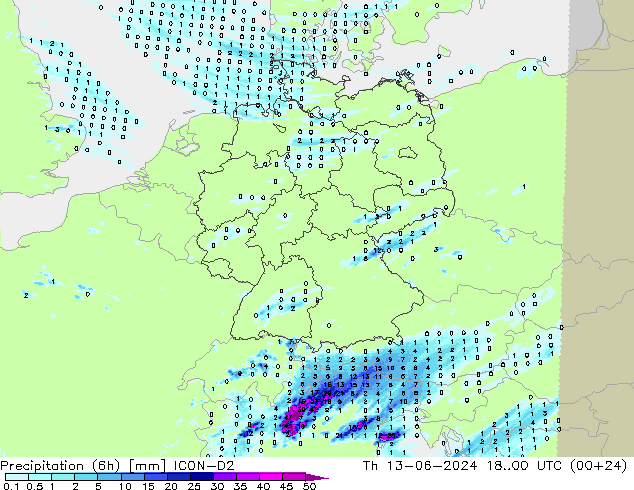 Precipitação (6h) ICON-D2 Qui 13.06.2024 00 UTC