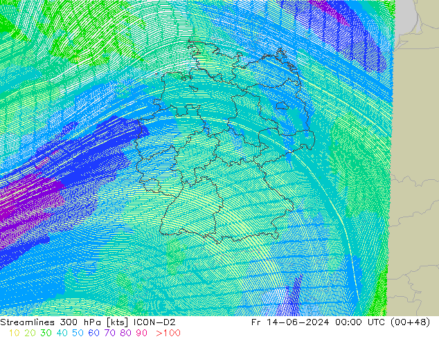 Streamlines 300 hPa ICON-D2 Fr 14.06.2024 00 UTC