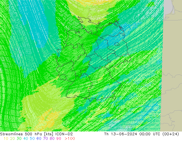 Ligne de courant 500 hPa ICON-D2 jeu 13.06.2024 00 UTC