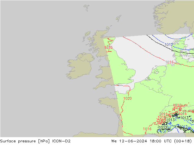 Surface pressure ICON-D2 We 12.06.2024 18 UTC