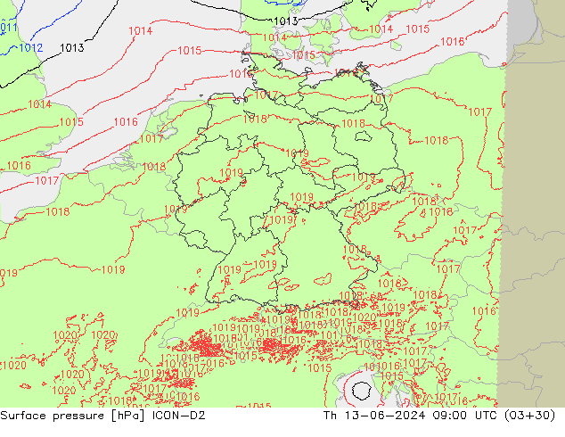 Atmosférický tlak ICON-D2 Čt 13.06.2024 09 UTC