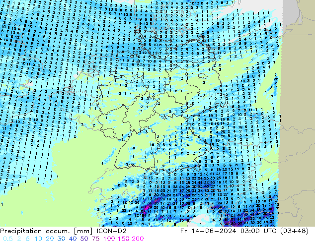 Precipitation accum. ICON-D2 ven 14.06.2024 03 UTC