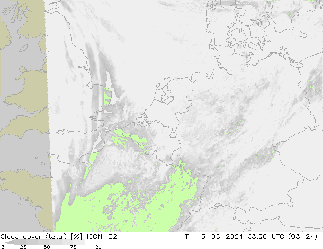 Cloud cover (total) ICON-D2 Th 13.06.2024 03 UTC