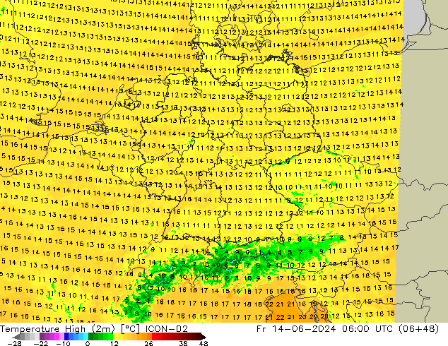 temperatura máx. (2m) ICON-D2 Sex 14.06.2024 06 UTC