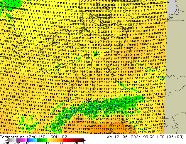 température (2m) ICON-D2 mer 12.06.2024 09 UTC