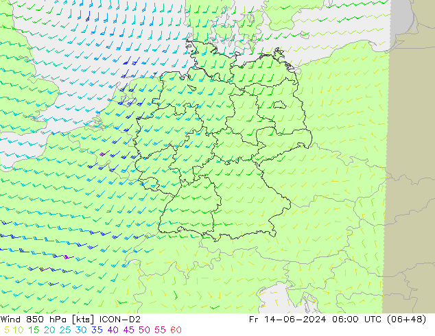 Wind 850 hPa ICON-D2 vr 14.06.2024 06 UTC