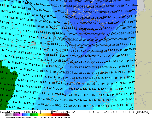 Height/Temp. 500 hPa ICON-D2 Th 13.06.2024 06 UTC