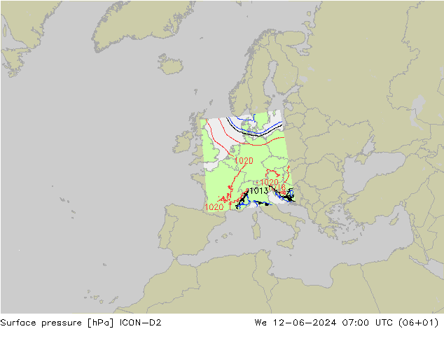 pressão do solo ICON-D2 Qua 12.06.2024 07 UTC