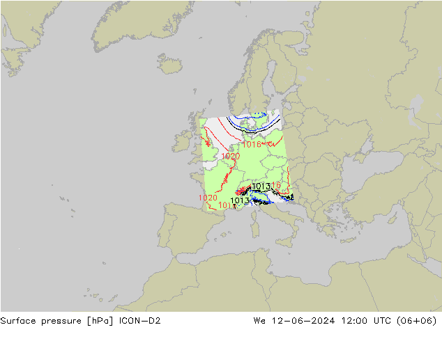Presión superficial ICON-D2 mié 12.06.2024 12 UTC