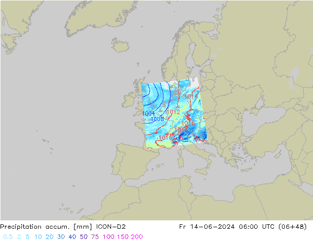 Precipitation accum. ICON-D2 пт 14.06.2024 06 UTC