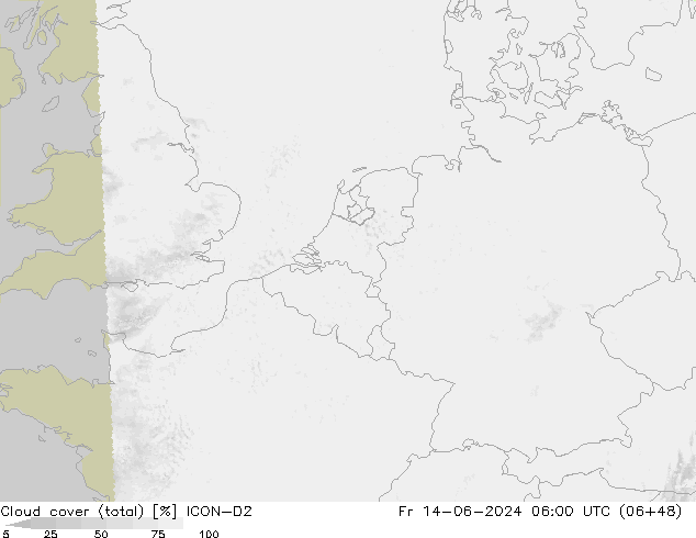 Cloud cover (total) ICON-D2 Fr 14.06.2024 06 UTC