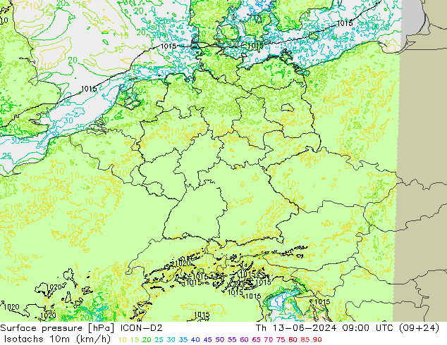 Isotachen (km/h) ICON-D2 Do 13.06.2024 09 UTC