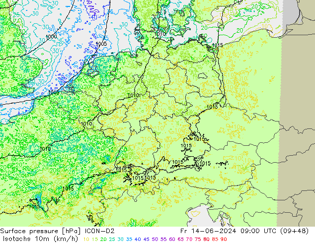 Isotaca (kph) ICON-D2 vie 14.06.2024 09 UTC